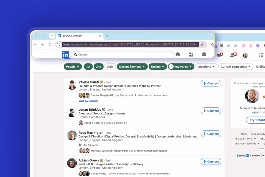 LinkedIn search results showing profiles of product design professionals with connect buttons.