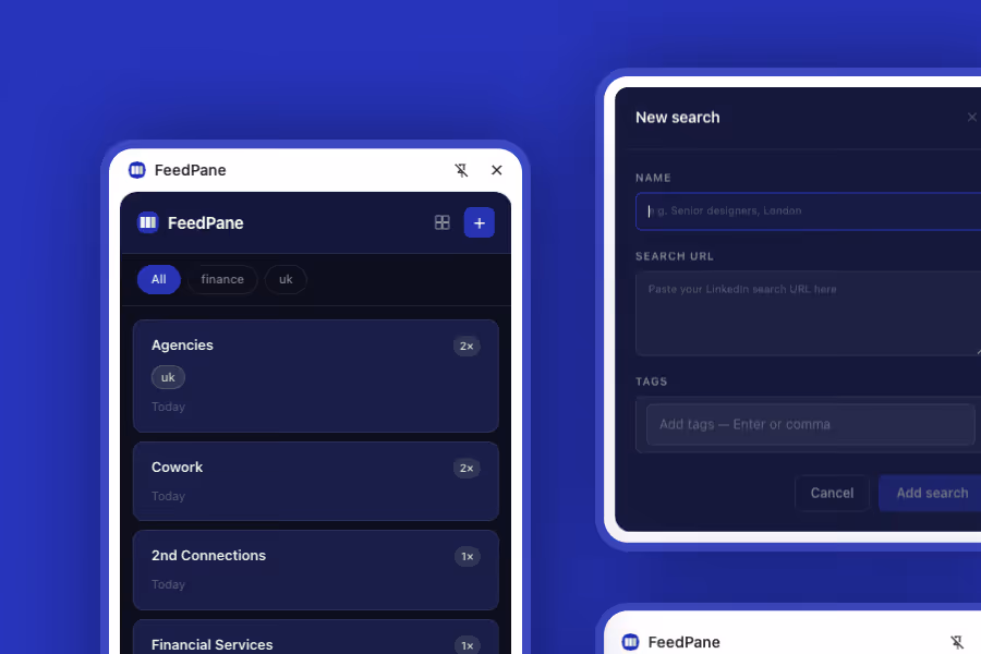 FeedPane app interface showing search filters, agency lists, and new search input fields on dark blue background.