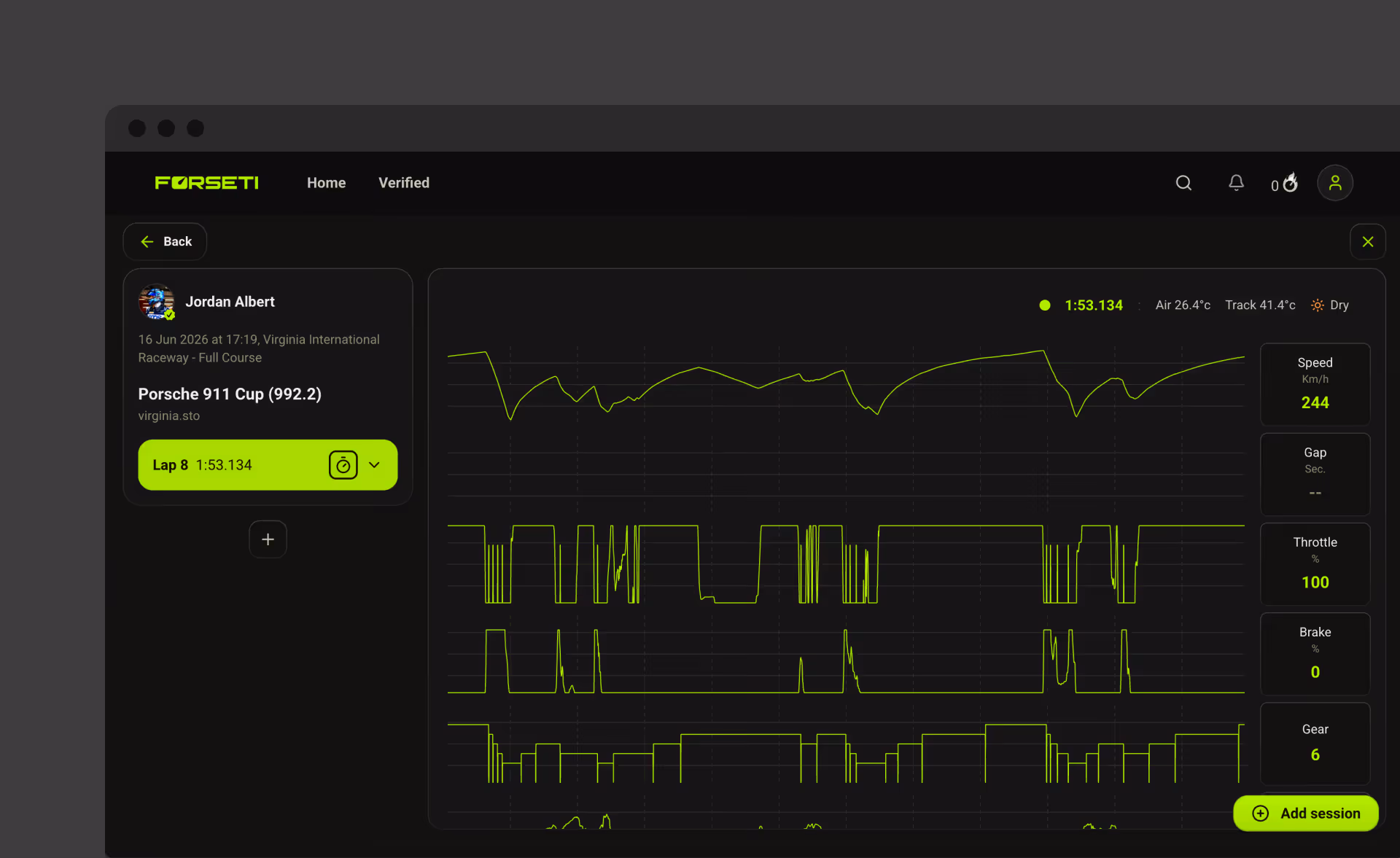 Race data graph for Jordan Albert's Porsche 911 Cup lap showing speed, throttle, brake, and gear metrics.