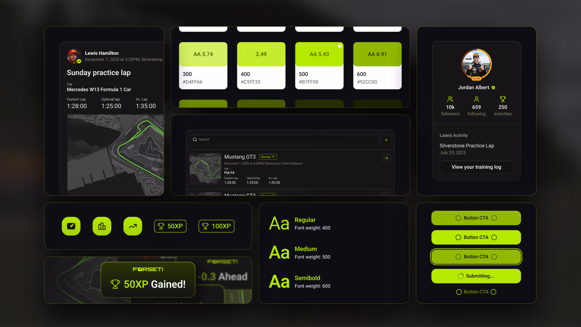 Racing app UI showing lap times, driver stats, XP gained, font styles, and green-themed buttons.
