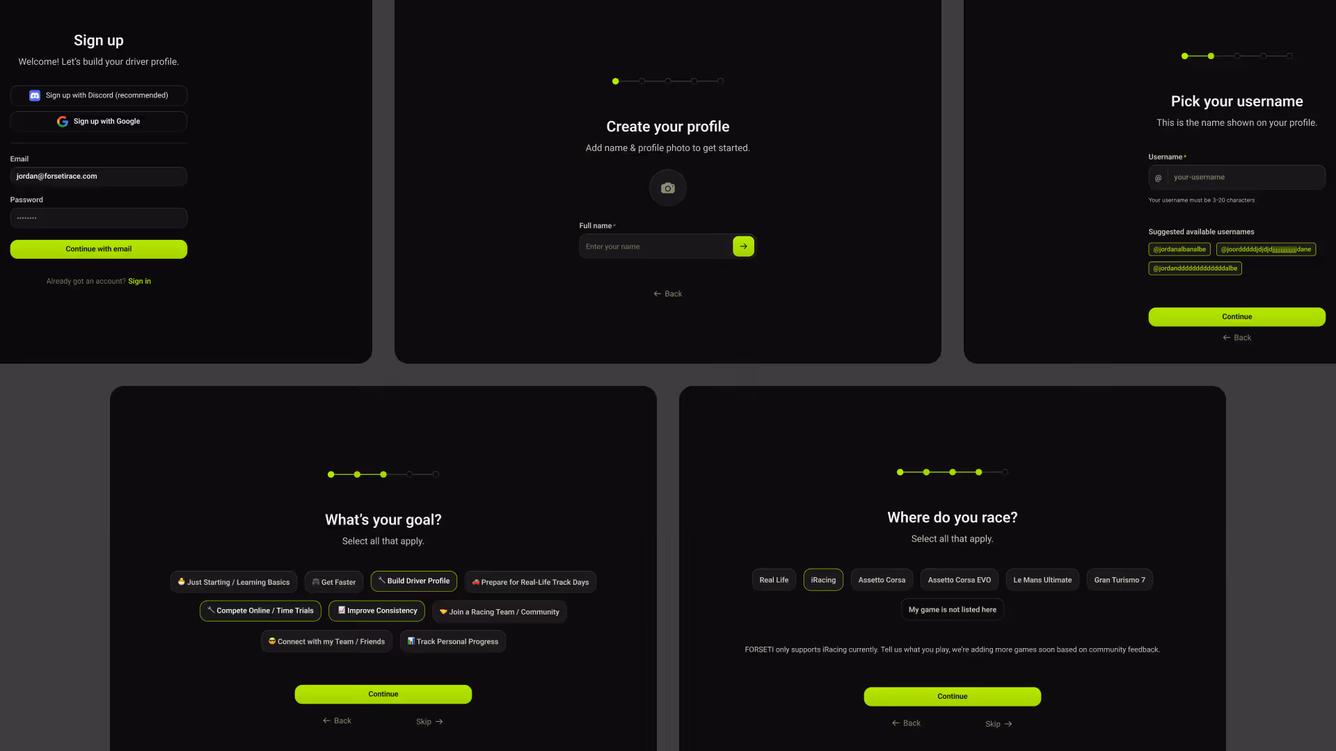 User interface showing a multi-step sign-up and profile creation process for a racing app.