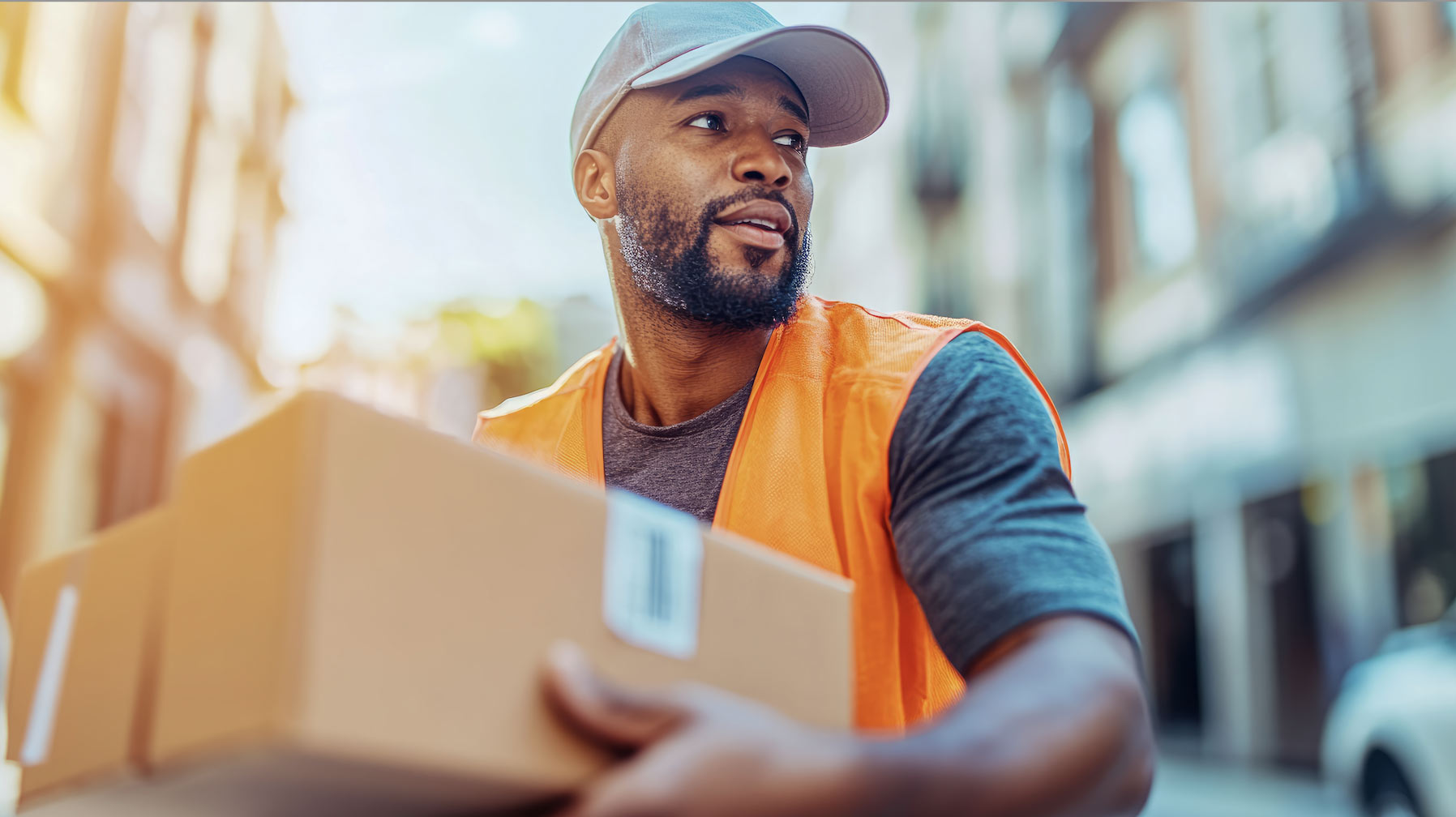 Un livreur portant un bonnet bleu et un masque facial empilent des boîtes en carton à côté d'une camionnette ouverte.