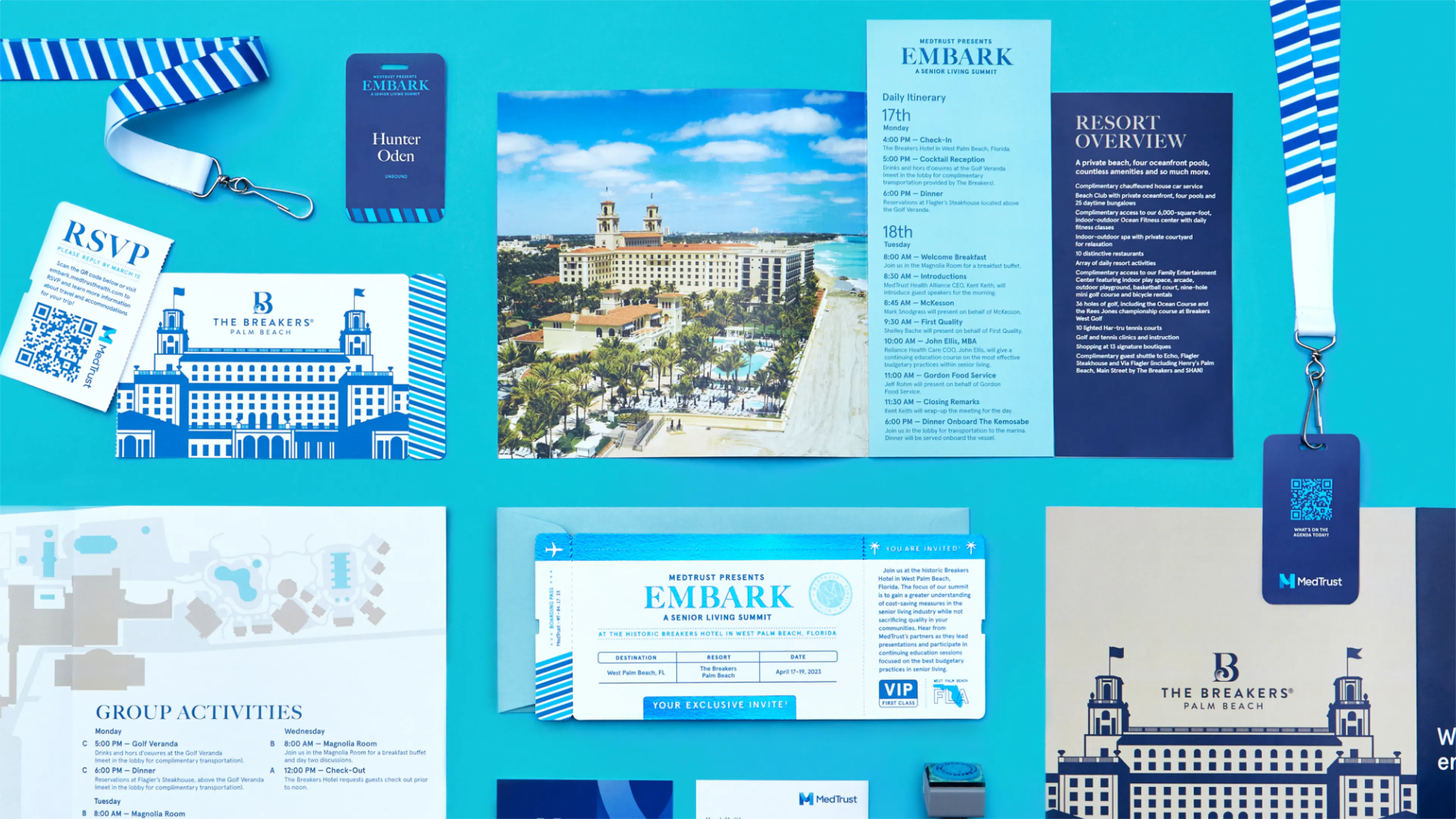 MedTrust Embark Senior Living Summit complete event collateral flatlay on cyan background including lanyards, attendee badge, RSVP card, itinerary, resort overview, boarding pass invite, and Breakers Palm Beach welcome panel, designed by Unbound Collective