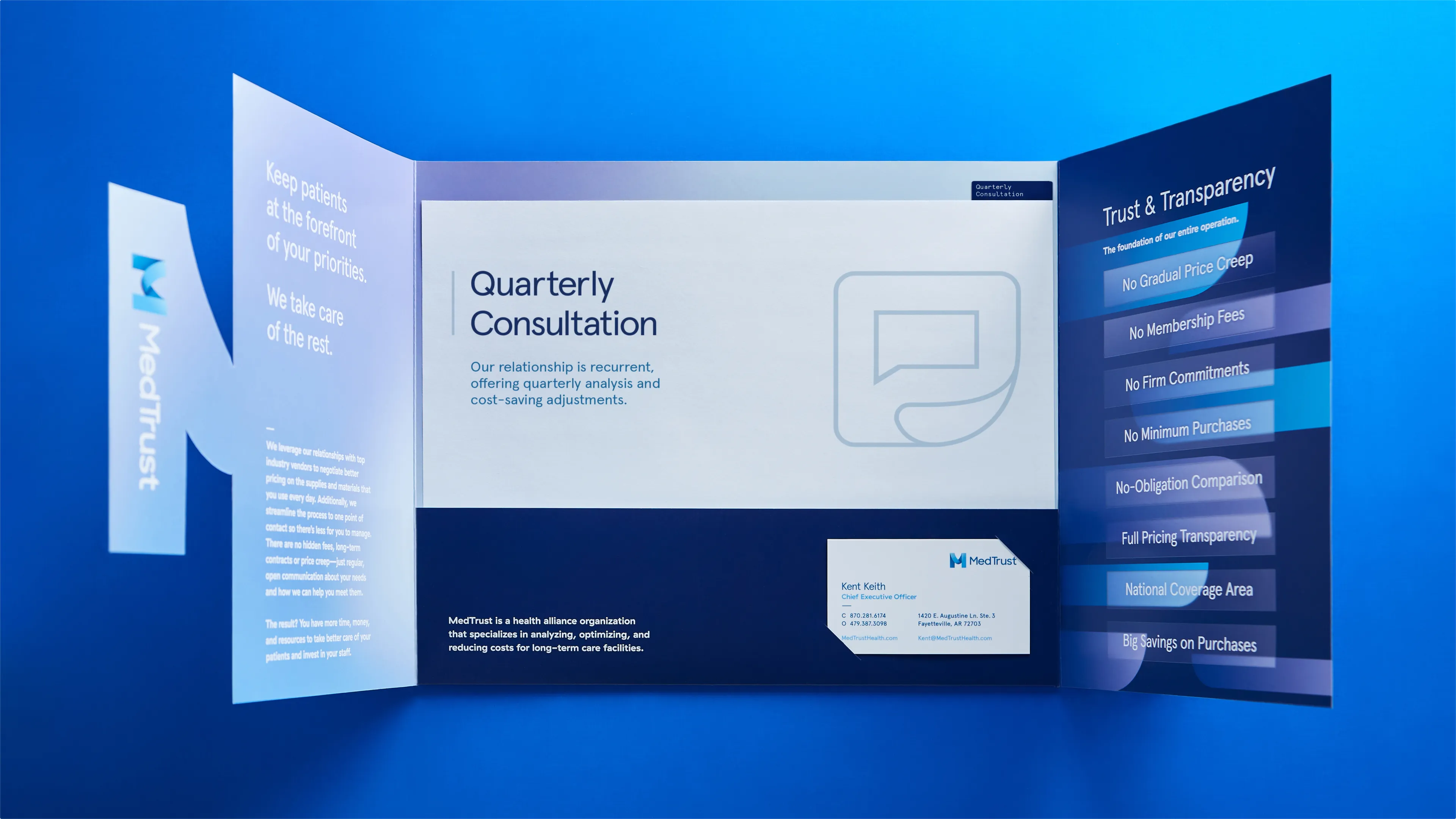 MedTrust tri-fold brochure open showing quarterly consultation interior panel, business card, and trust and transparency value proposition list on blue background, designed by Unbound Collective
