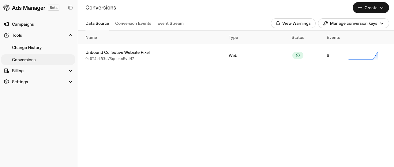 OpenAI Ads Platform Conversion Tracking Screen with 3 top level menus, Data Source, Conversion Events, and Event Stream