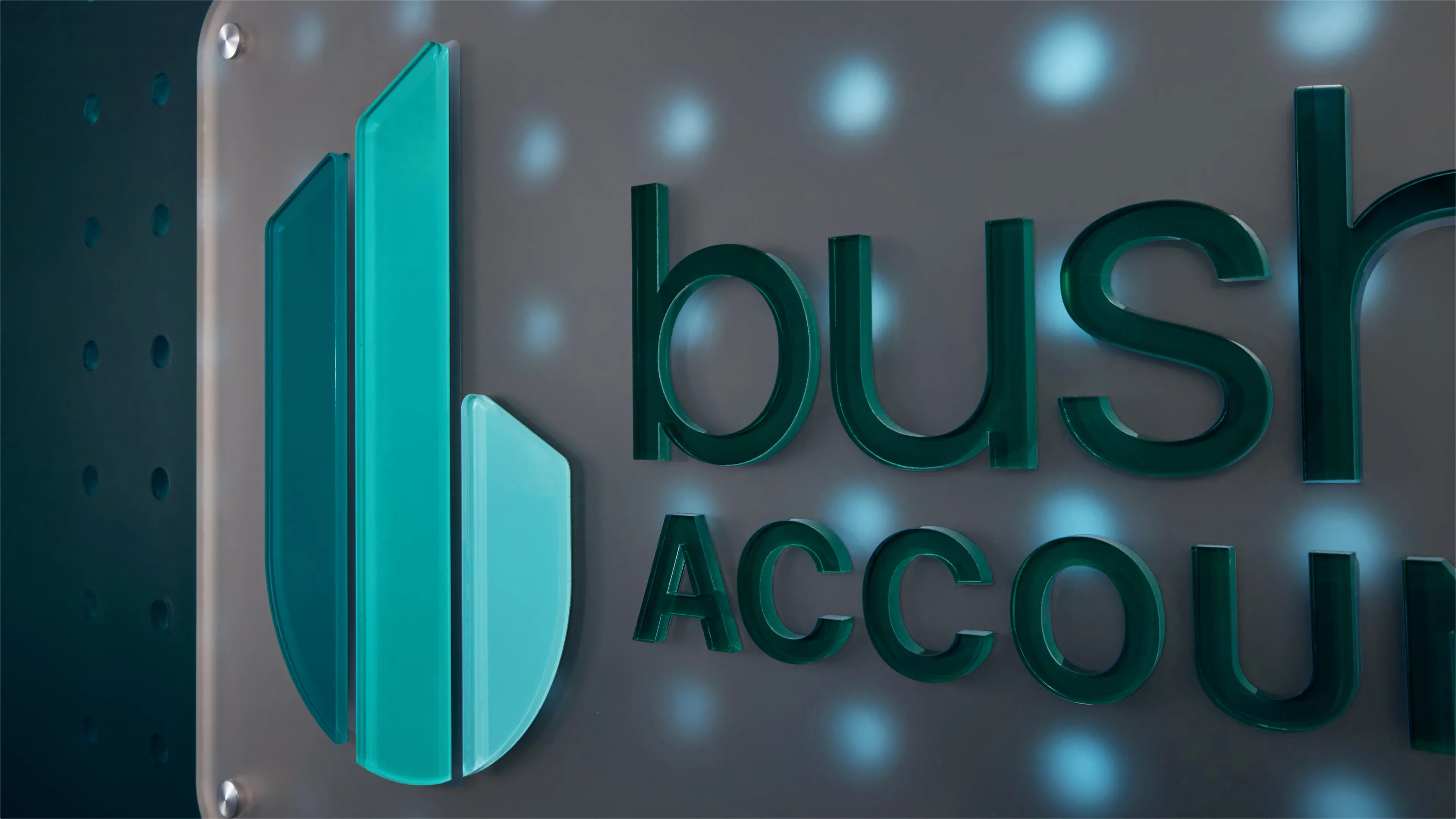 Bushong Accounting 3D office sign closeup showing teal acrylic icon and dark green dimensional letterforms on brushed metal panel with glowing dot detail, environmental signage by Unbound Collective