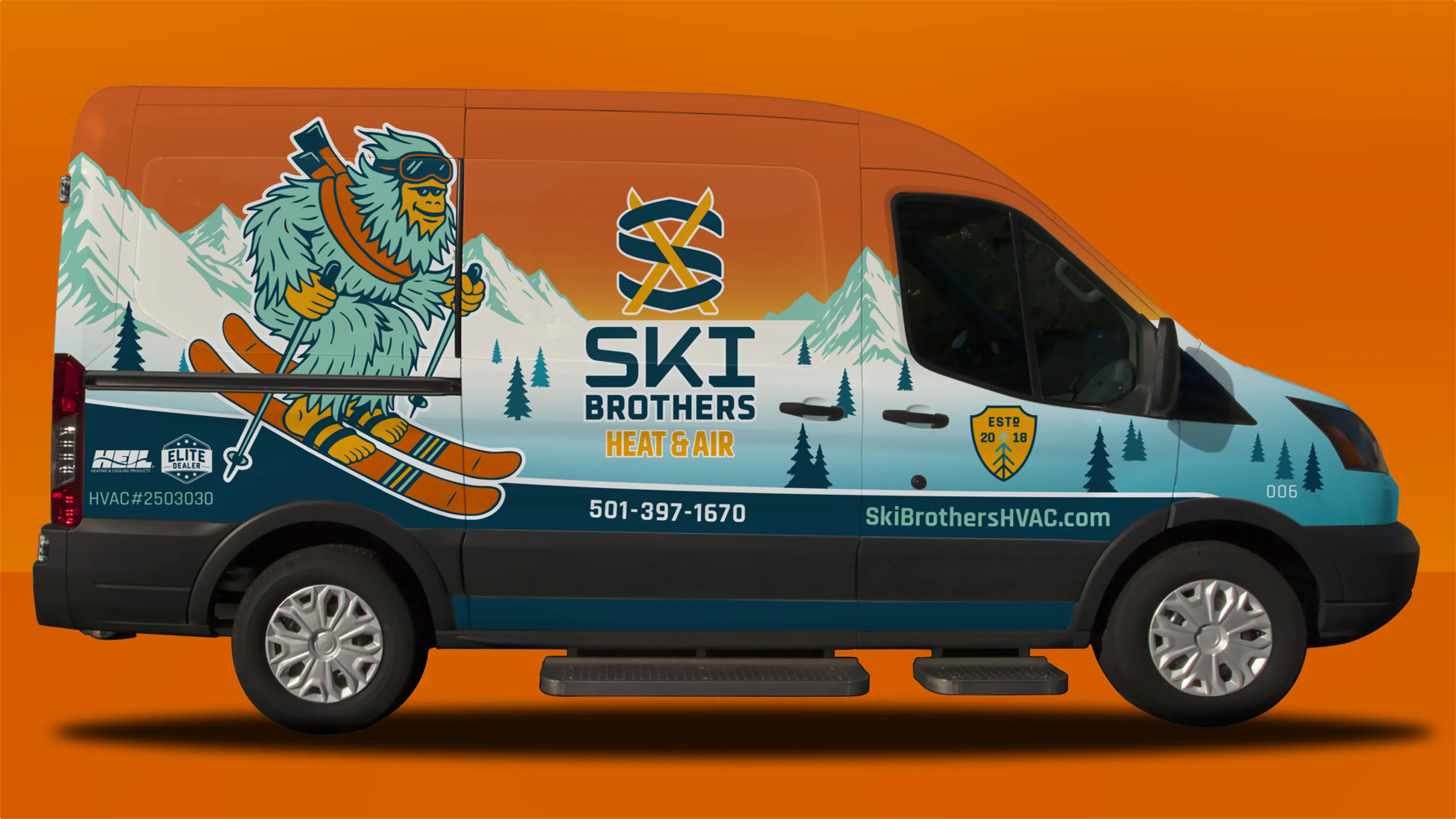 Ski Brothers Heat and Air Ford Transit van wrap showing skiing yeti mascot on rear panel with orange and teal mountain scene, vehicle branding by Unbound Collective