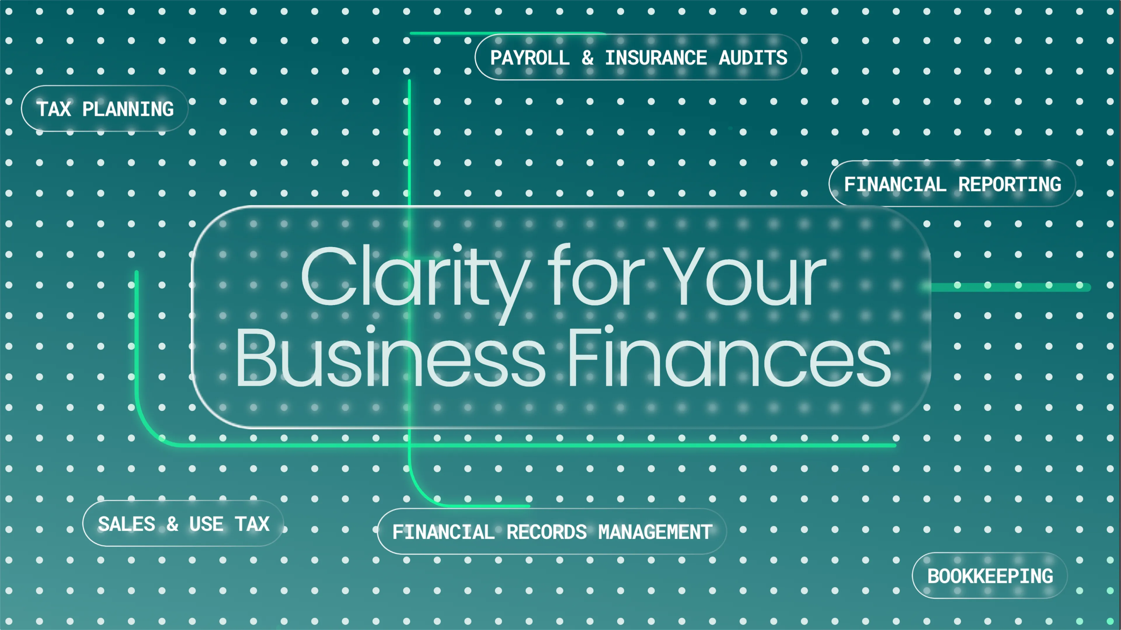 Bushong Accounting website hero section reading Clarity for Your Business Finances with floating service pill badges including tax planning, bookkeeping, payroll, and financial reporting on teal dot grid background, web design by Unbound Collective