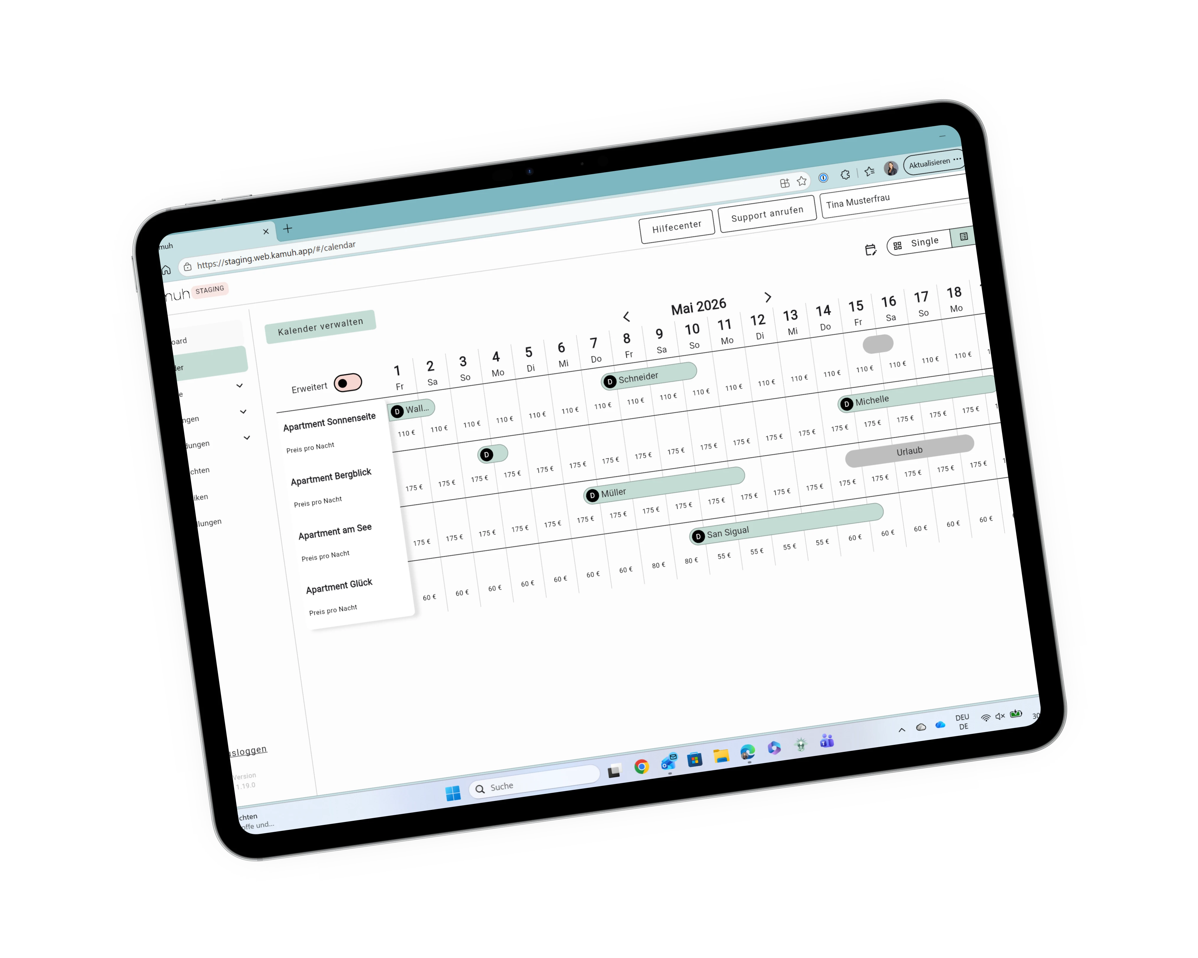 kamuh Zimmerkalender am Tablet mit Buchungsübersicht für mehrere Apartments