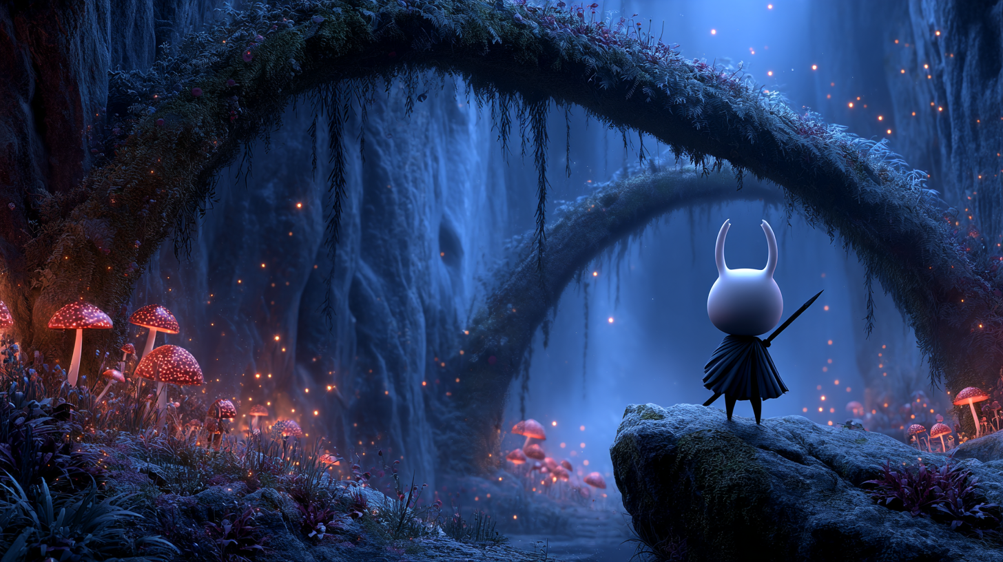 : Hollow Knight Silksong character standing on a glowing cliff in a mystical forest filled with luminous mushrooms, symbolizing indie adventure atmosphere.