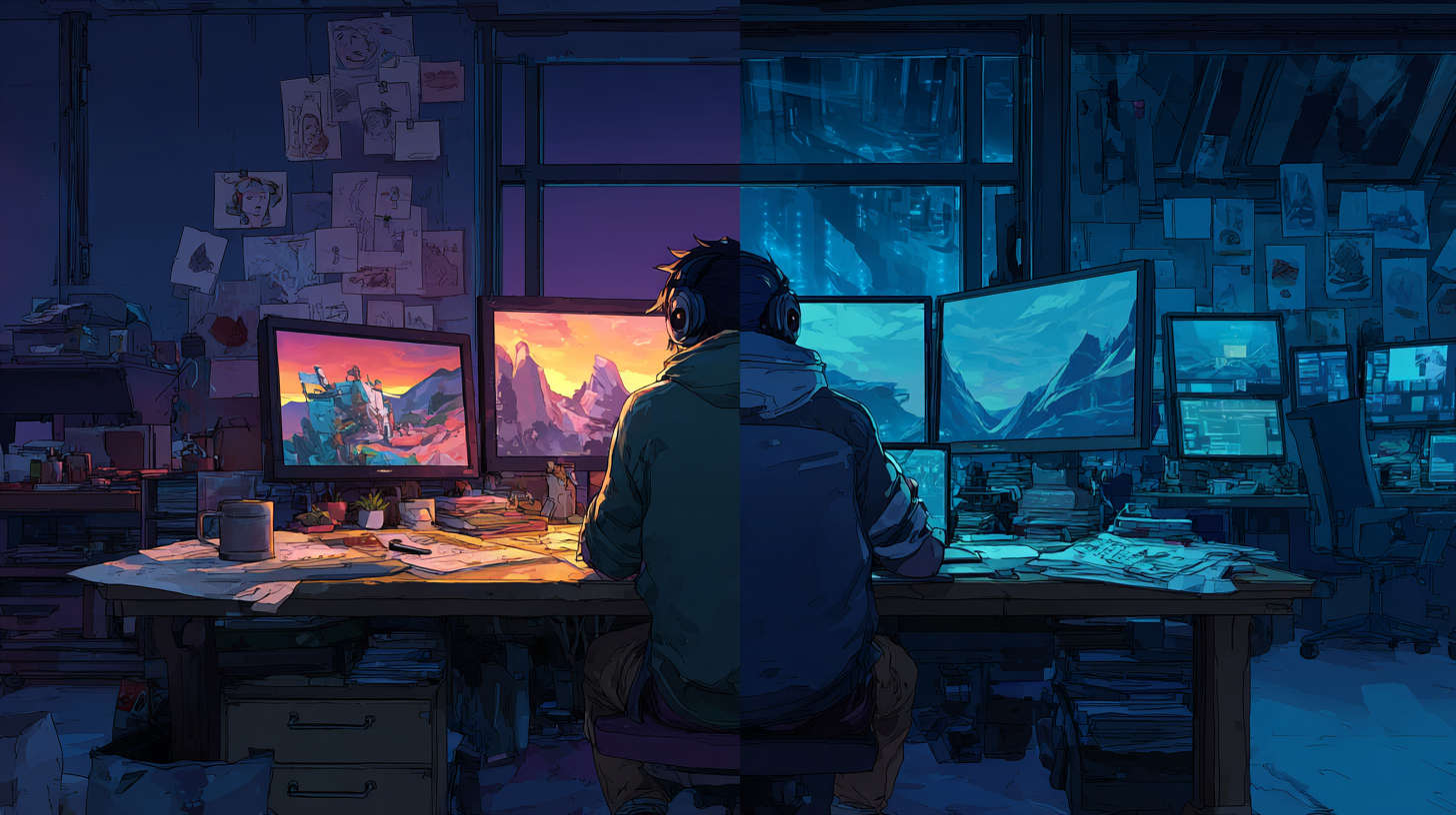 Game developer working at a desk with multiple monitors, illustrating the creative and technical process behind indie game production.