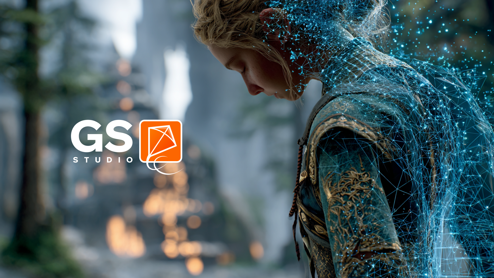 Fantasy female character dissolving into digital particles, with GS Studio logo on a blurred cinematic background