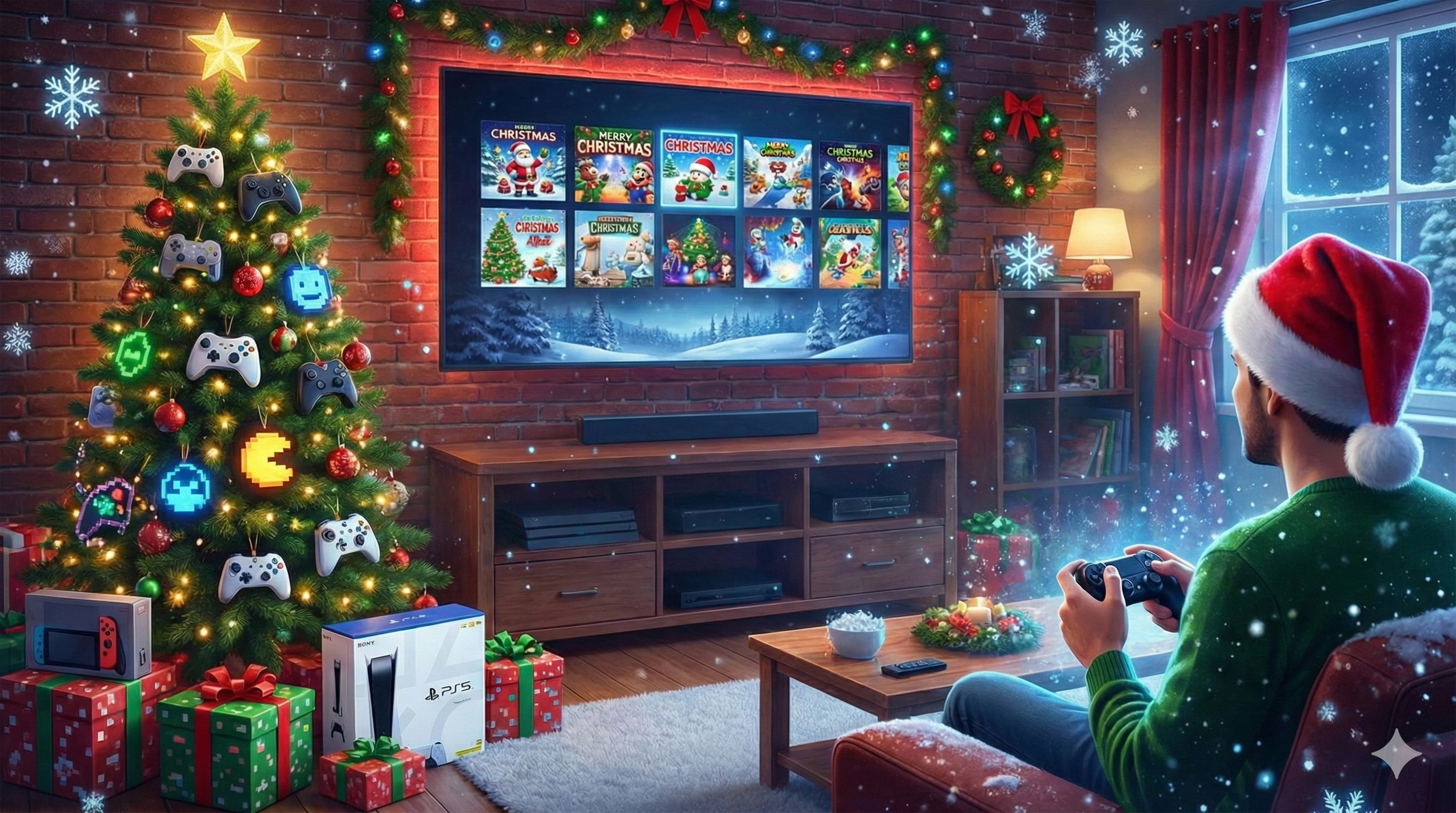 Gamer playing video games in a cozy Christmas living room with decorated tree, console gifts, and festive holiday atmosphere