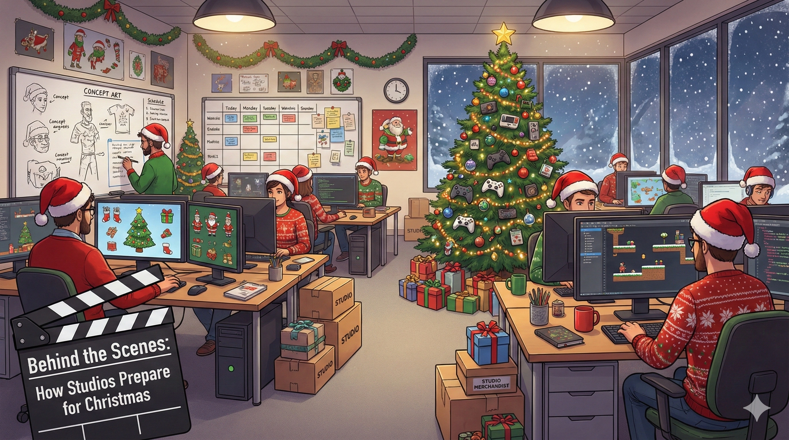 Game development studio team working in a Christmas-decorated office, creating games during the holiday season