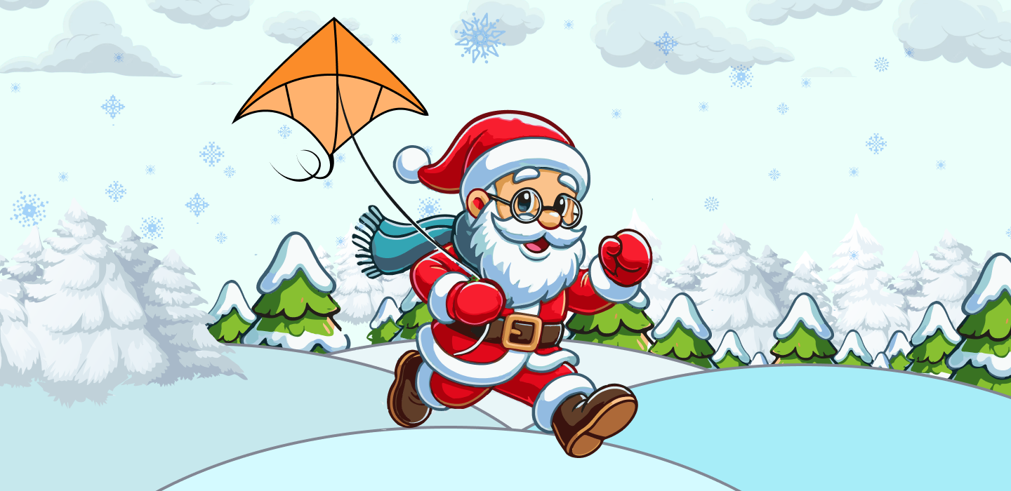 Cartoon Santa Claus running with a kite in a snowy winter landscape, festive Christmas illustration