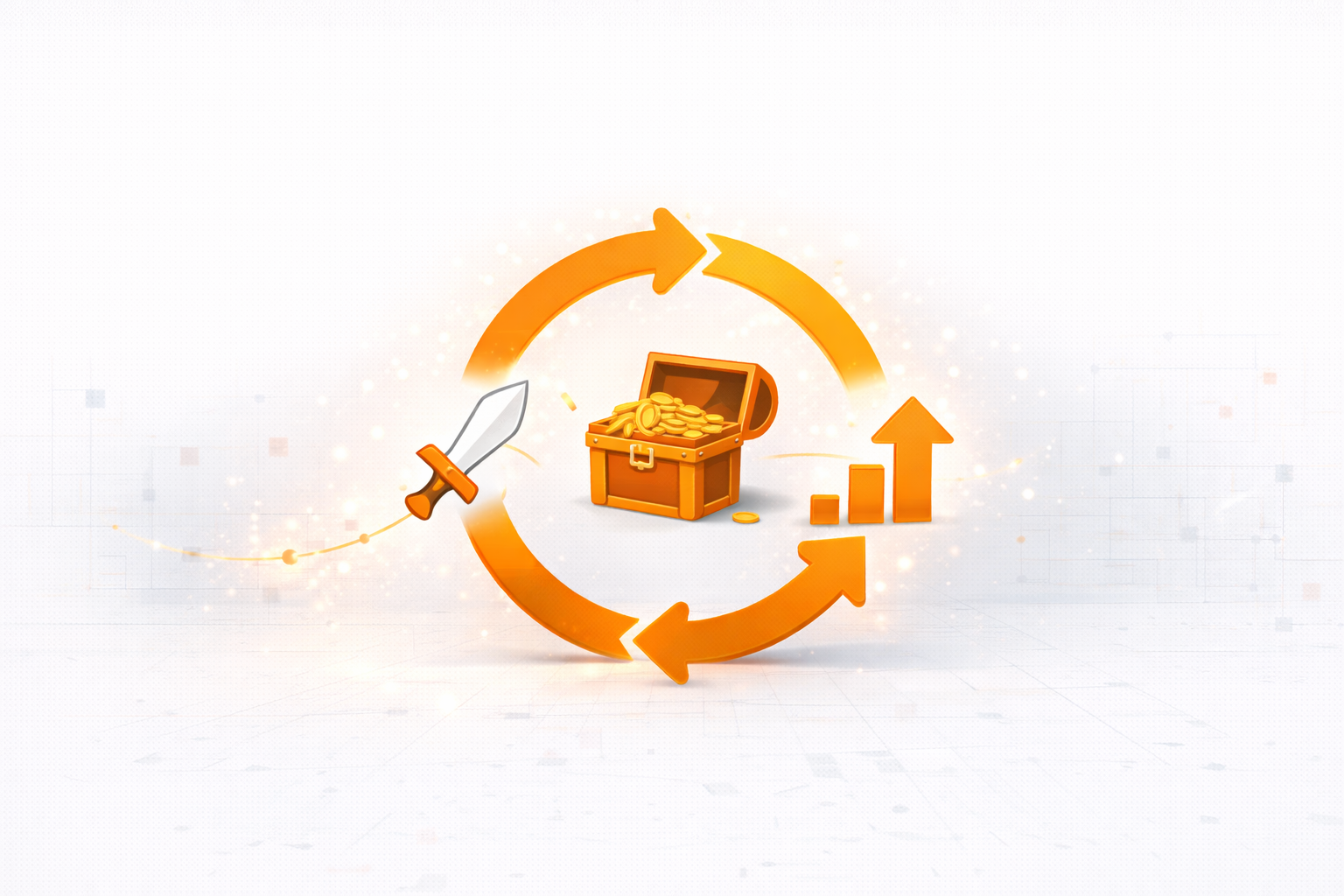 Illustration of a core gameplay loop showing combat, rewards, progression, and growth as a continuous cycle in game design.