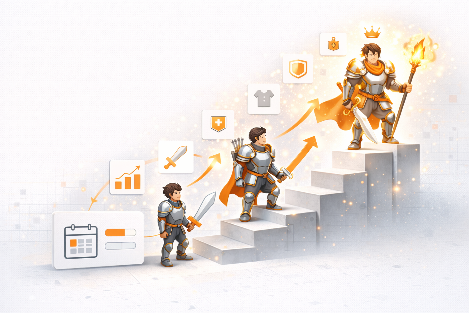 Character progression system visual showing a player evolving through levels, gear upgrades, skills, and increasing power.