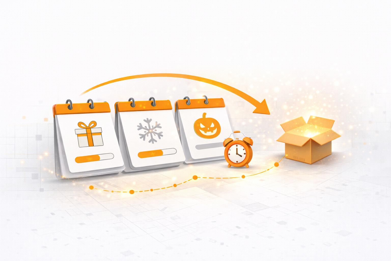 Game content schedule illustration with seasonal updates, timed rewards, and planned content drops over time.