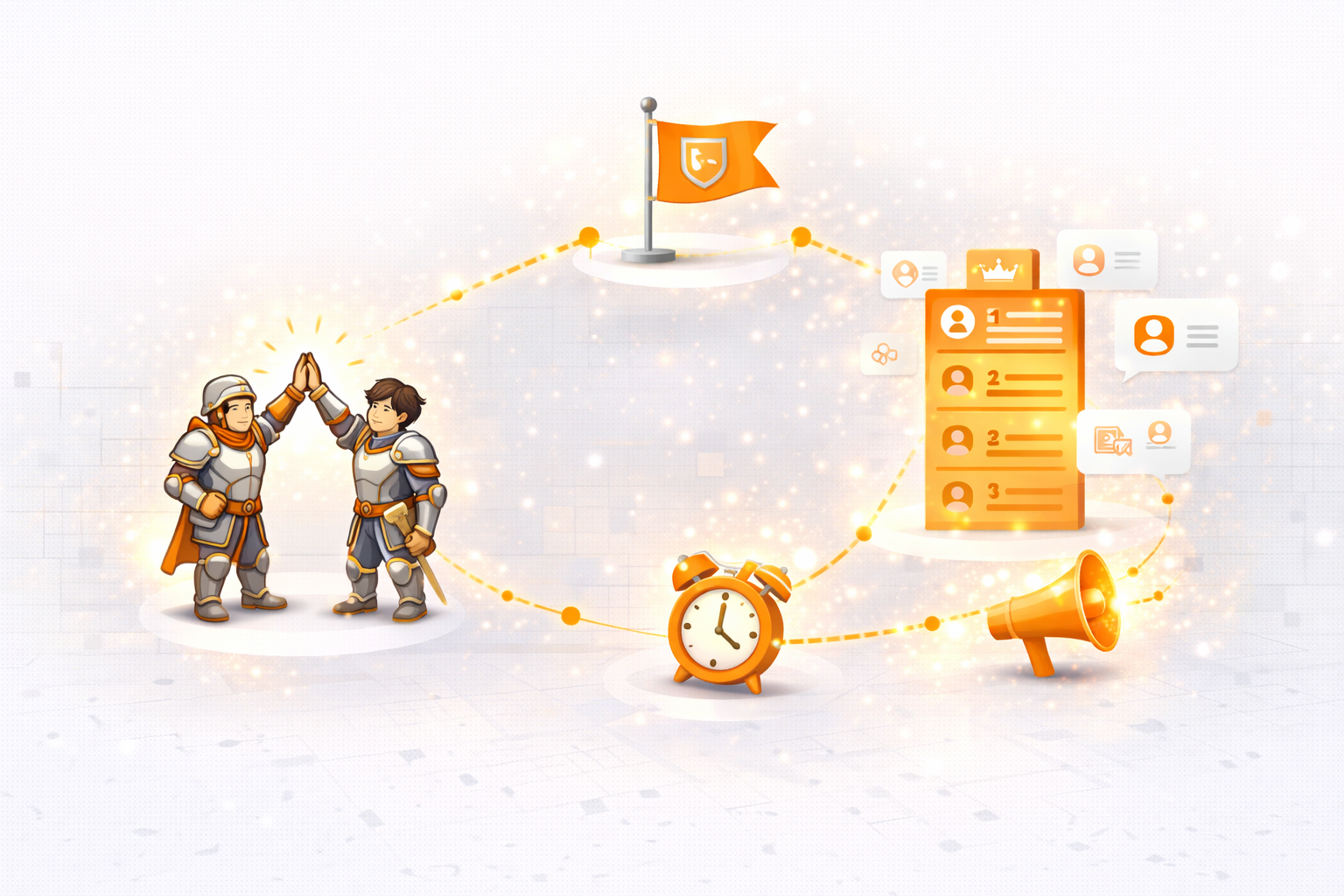 Multiplayer and social retention systems illustration showing teamwork, community interaction, leaderboards, and shared goals.