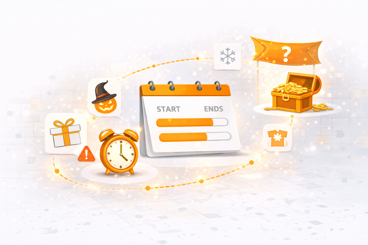 Live events and seasonal content illustration highlighting limited-time rewards, special events, and player urgency.