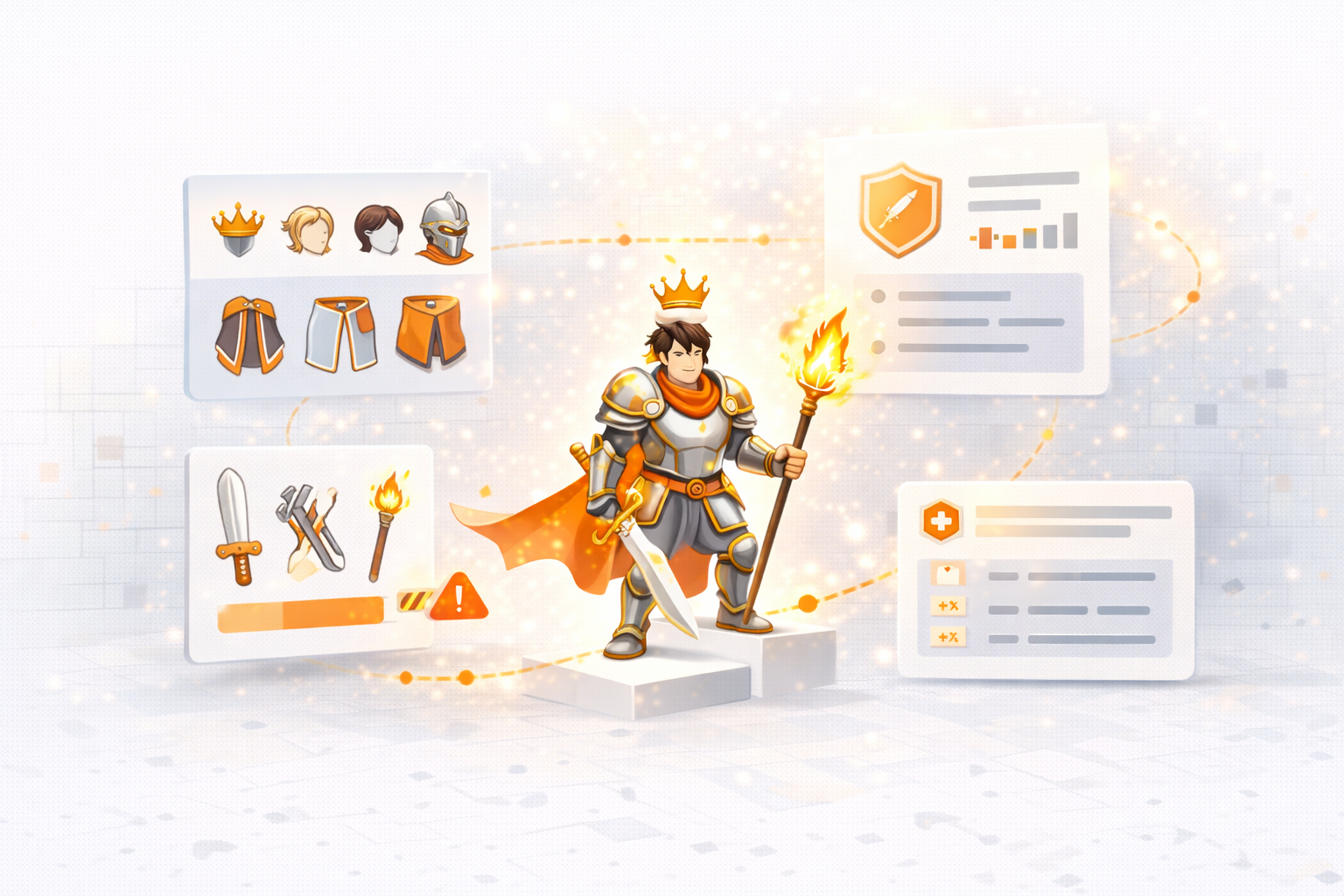 Player customization and identity system illustration featuring character skins, equipment choices, stats, and personalization options.