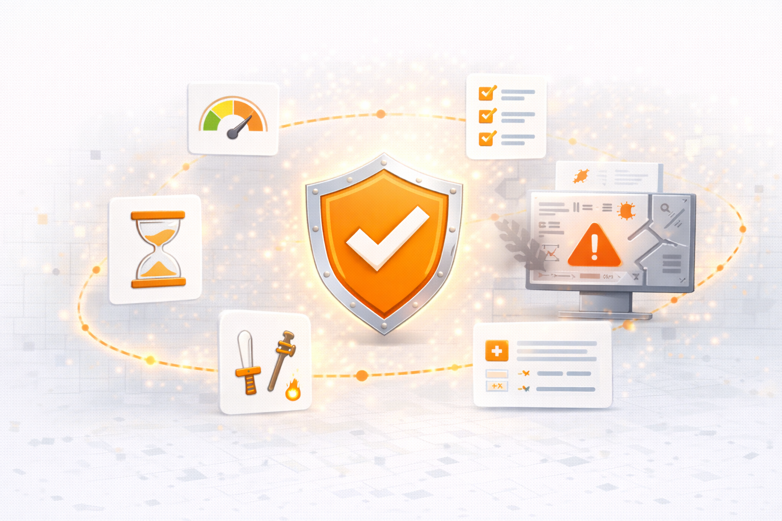 Game stability and performance illustration showing optimization, bug prevention, balance, and long-term player trust.