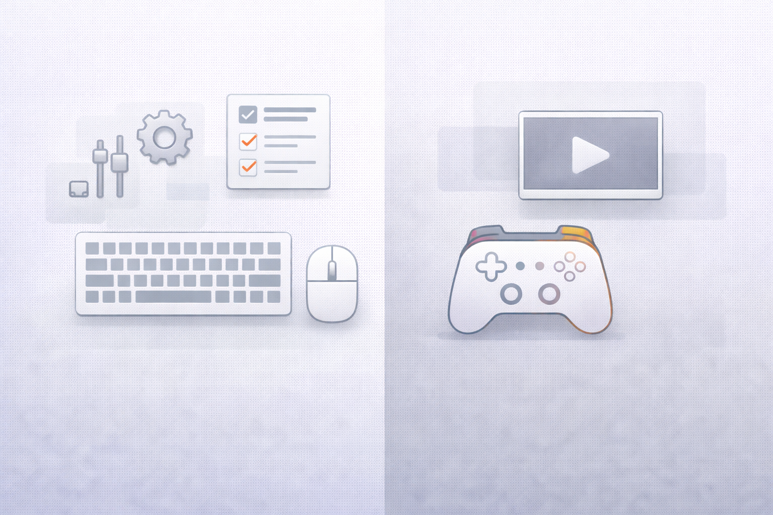 Comparison of PC and console gamer expectations, showing keyboard and mouse with settings on PC versus controller and simple interface on console