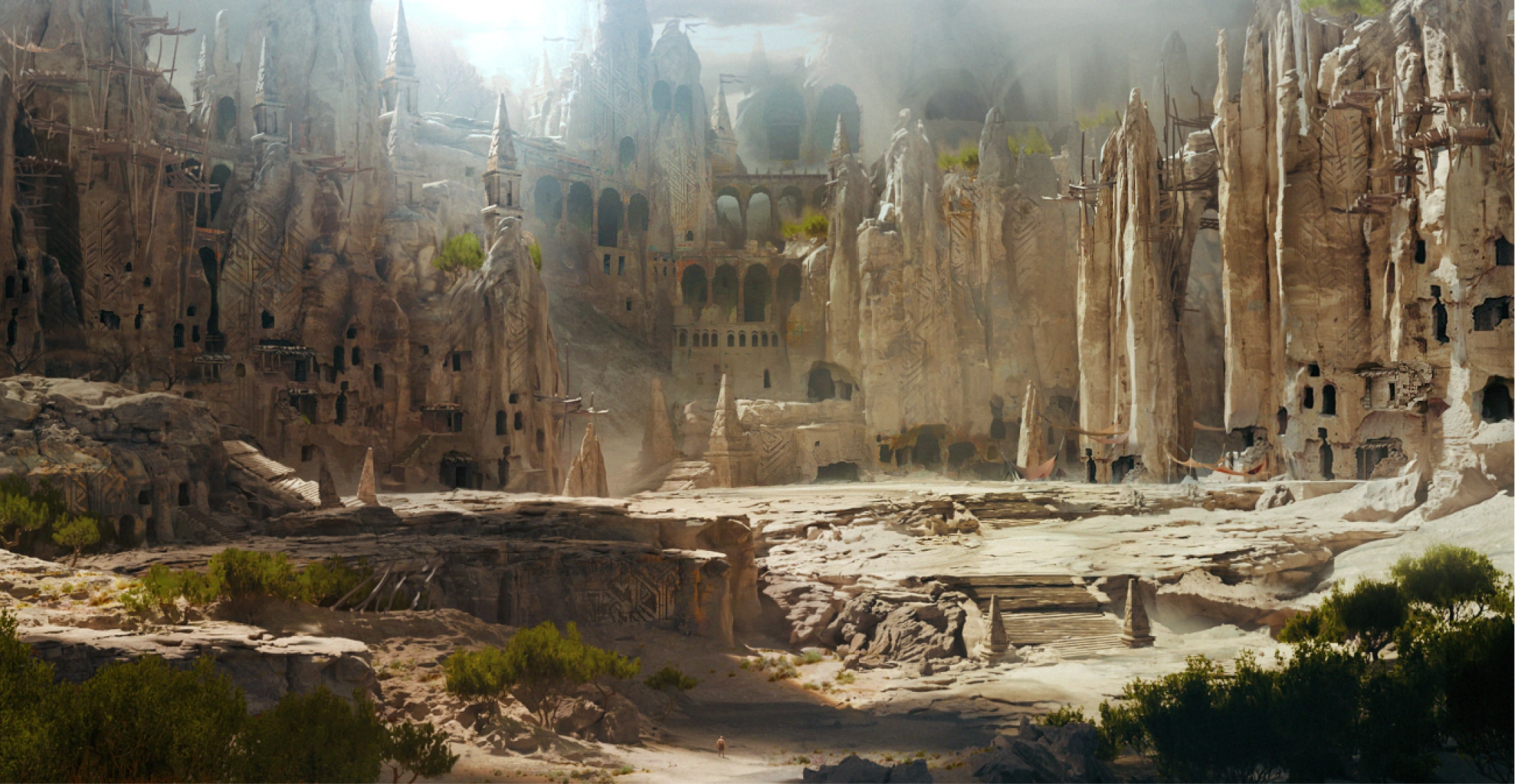 Action-adventure MMORPG environment concept art — ancient cliff-carved city with bridges, ruins, and desert canyon scenery