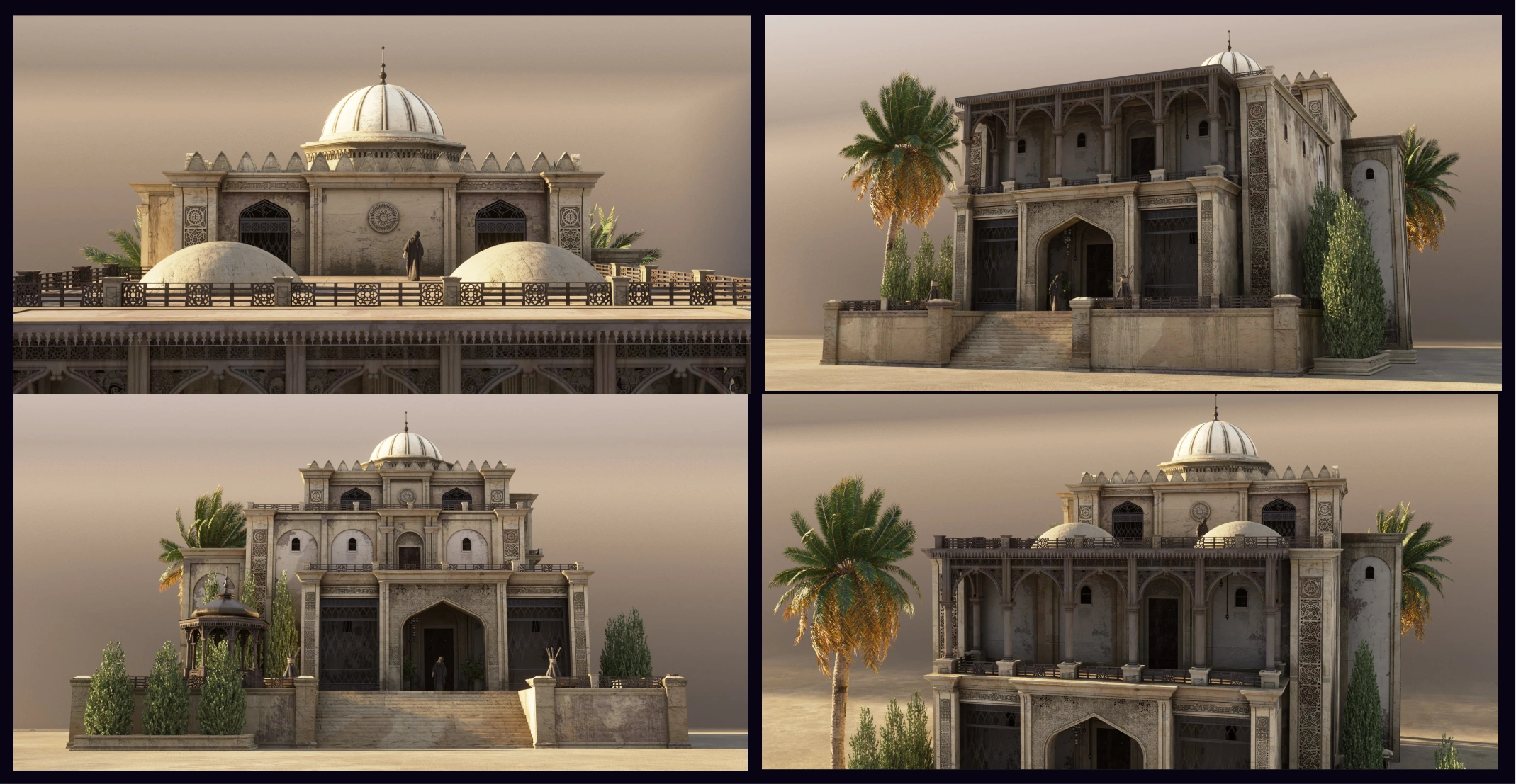 3D environment asset showcase — modular domed building with arches, multi-angle renders for Unreal Engine environment art