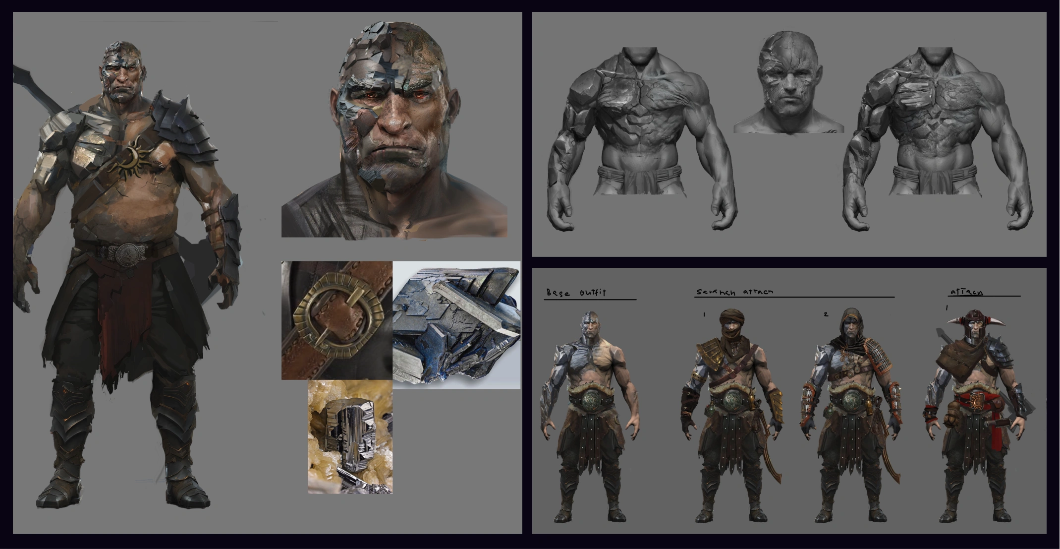 MMORPG character concept sheet — armored warrior with full-body art, face close-up, 3D sculpt, and outfit/gear variations