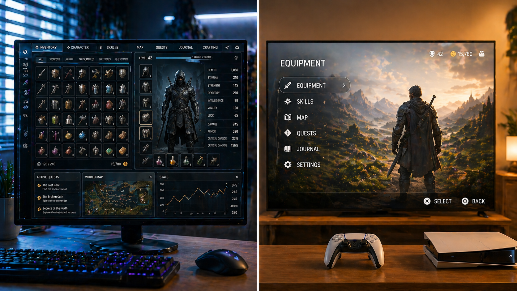 UI and UX comparison between complex PC inventory systems and simplified console interface design.