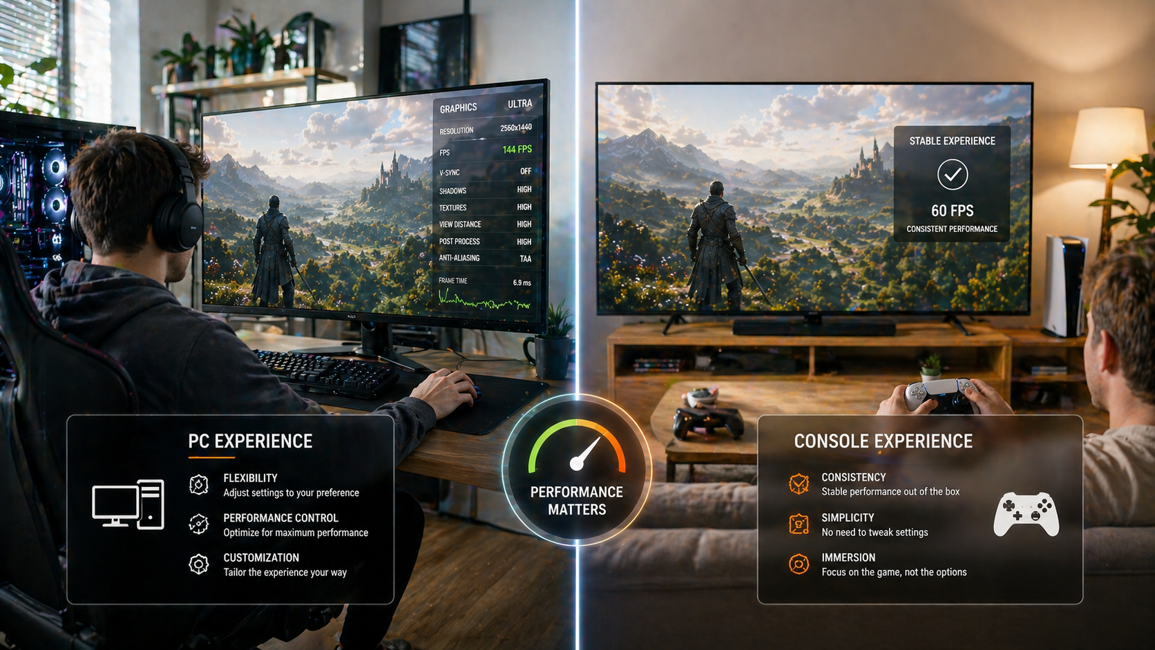 Performance comparison between PC and console platforms focusing on graphics quality, FPS, and resolution.