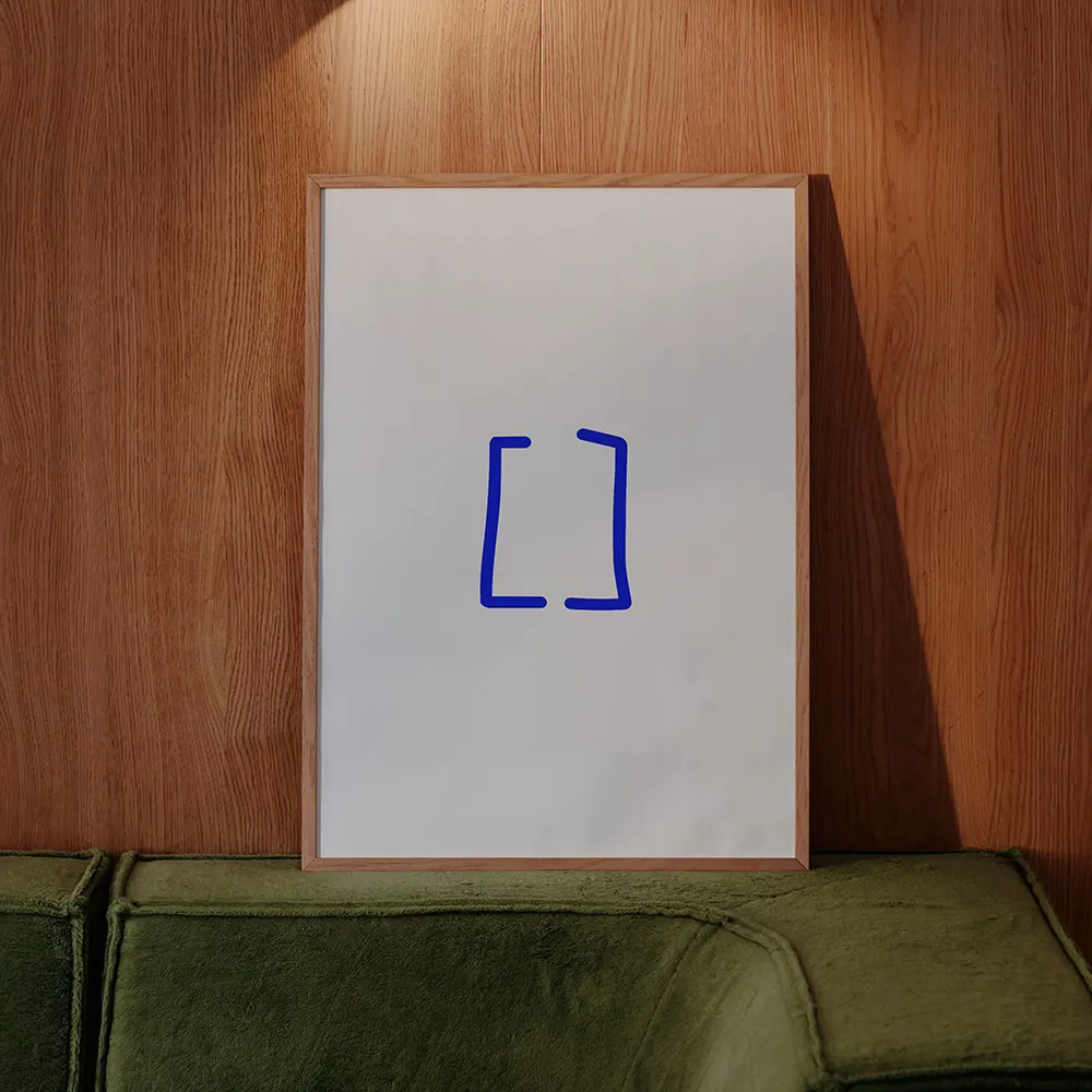 Framed cobalt-blue bracket symbol from the Prod Co Accountants visual identity