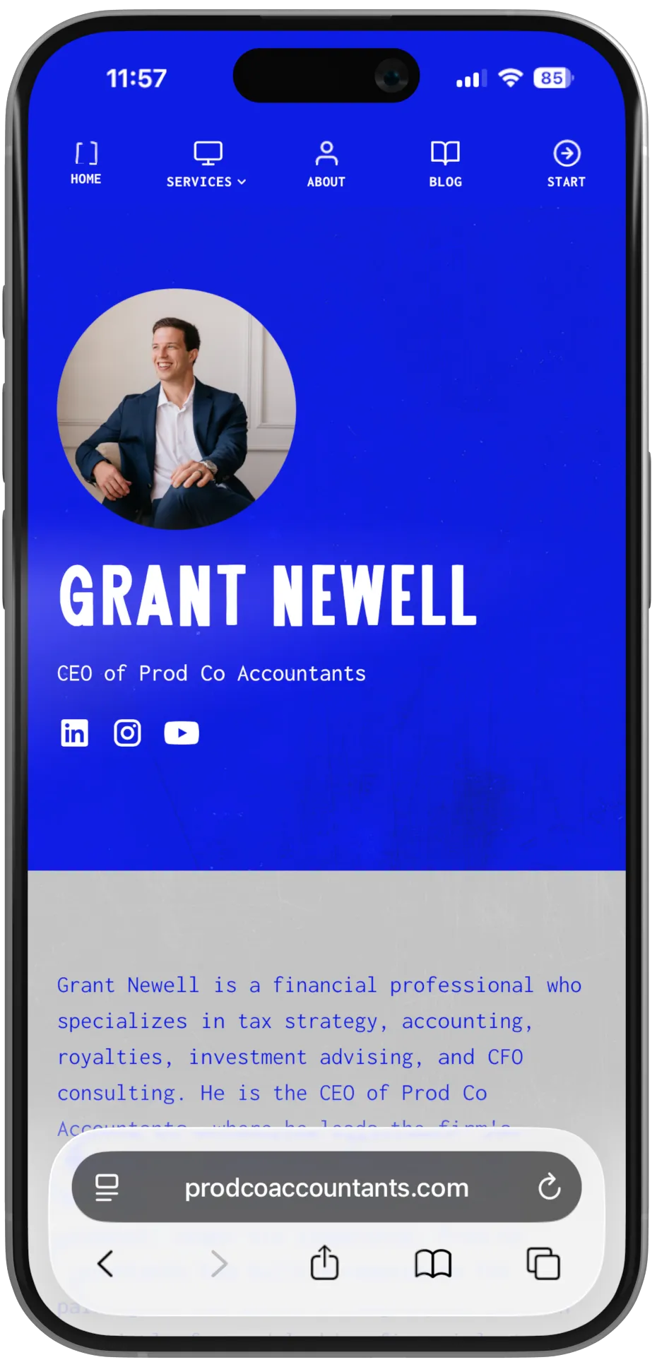 Mobile profile page for Grant Newell, CEO of Prod Co Accountants