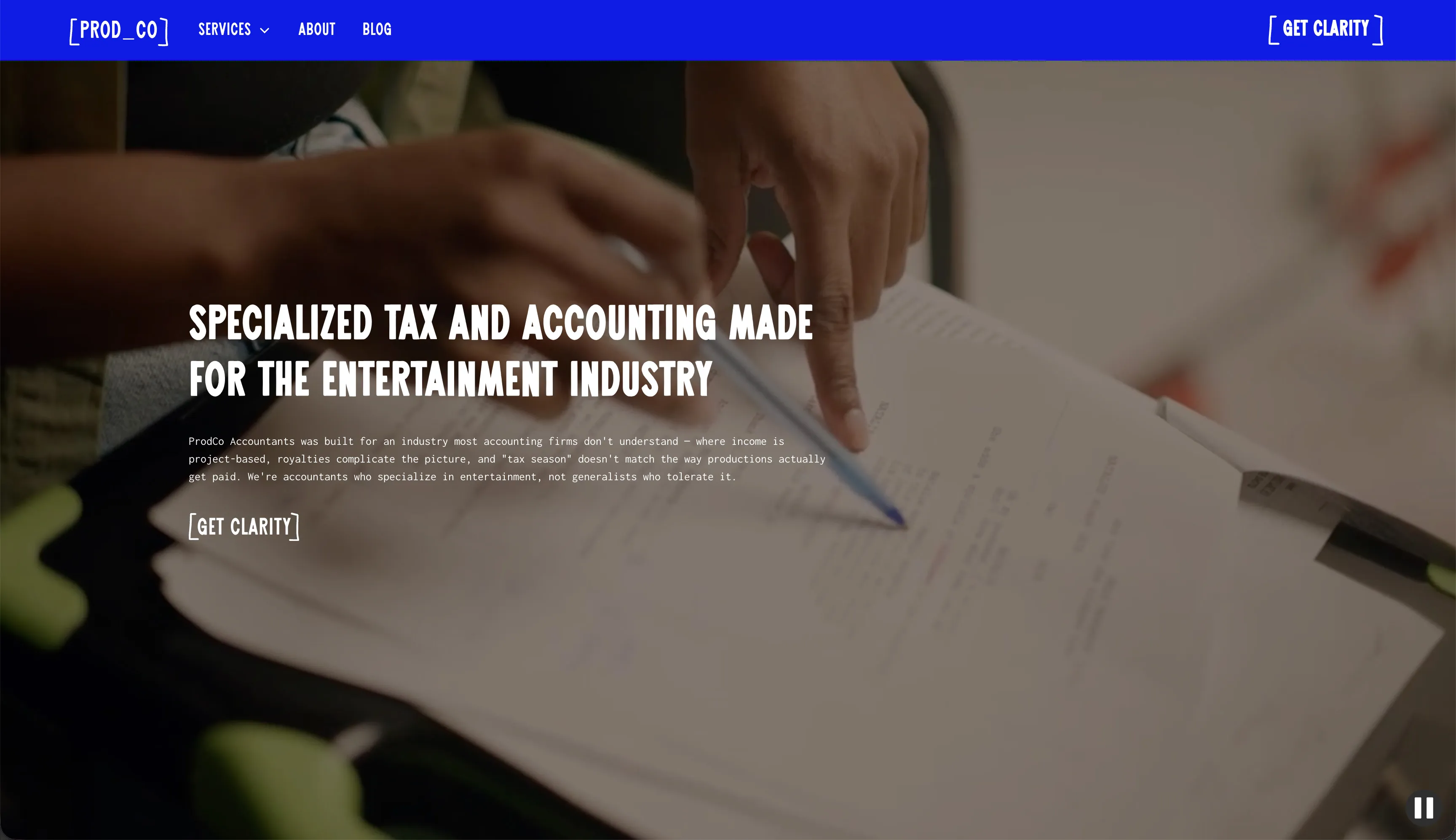 Prod Co Accountants desktop homepage featuring entertainment tax and accounting services