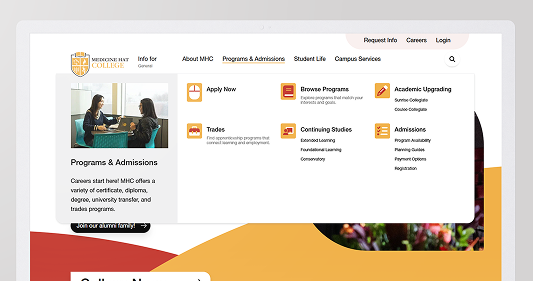 Medicine Hat College's Website Menu featuring personalization
