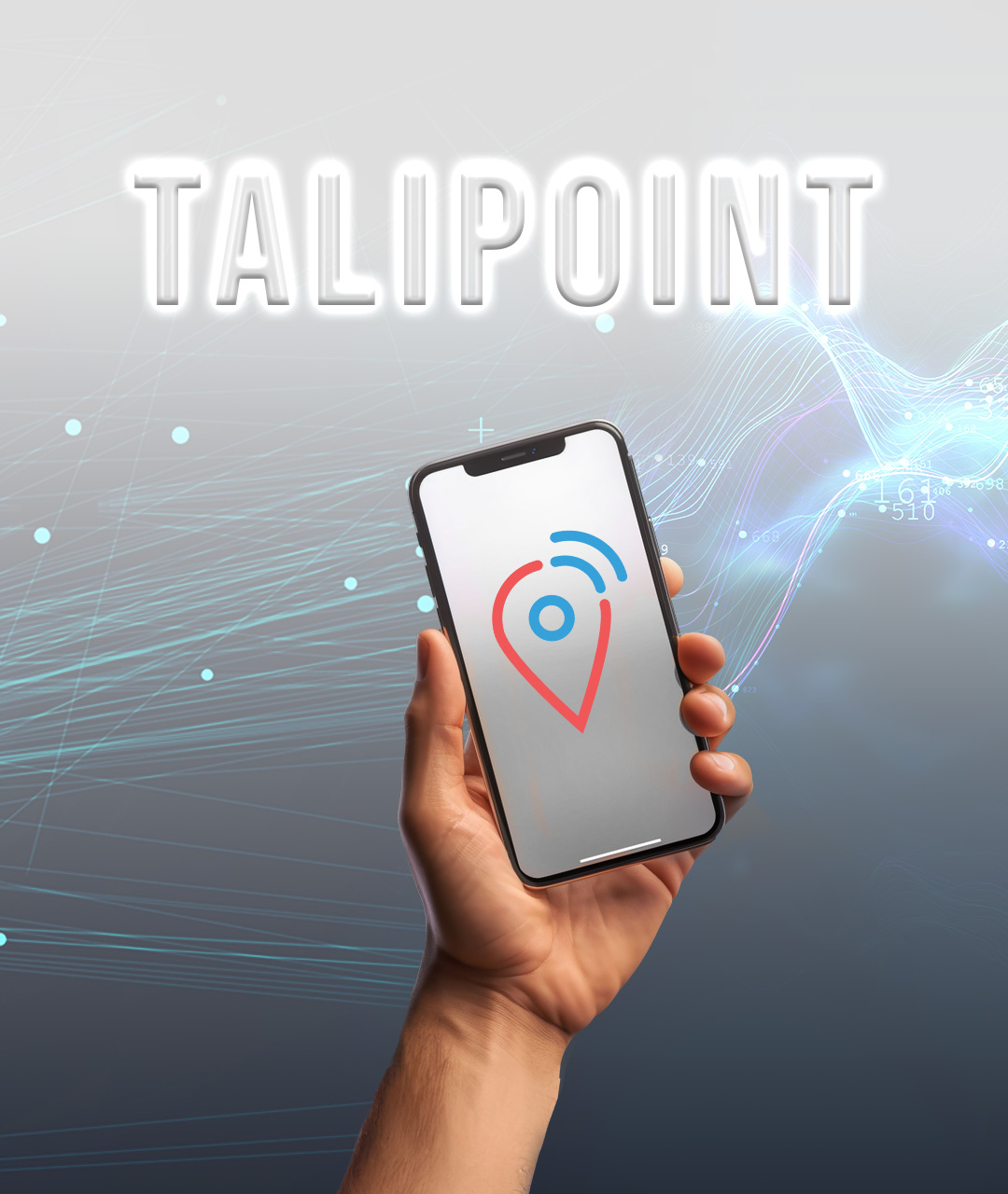 A smartphone held in front of "Talipoint" with various data handling illustrations in the background.