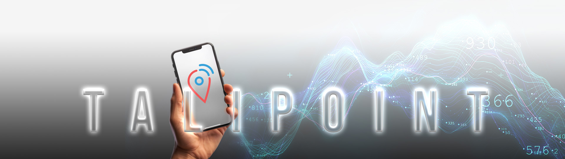 A smartphone held in front of "Talipoint" with various data handling illustrations in the background.