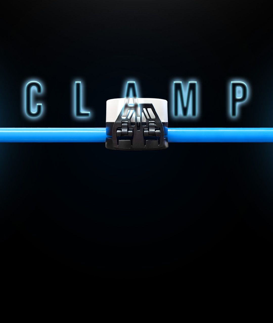 The Umeter Clamp on PEX pipe, in front of the word "CLAMP", in front of a dark background.