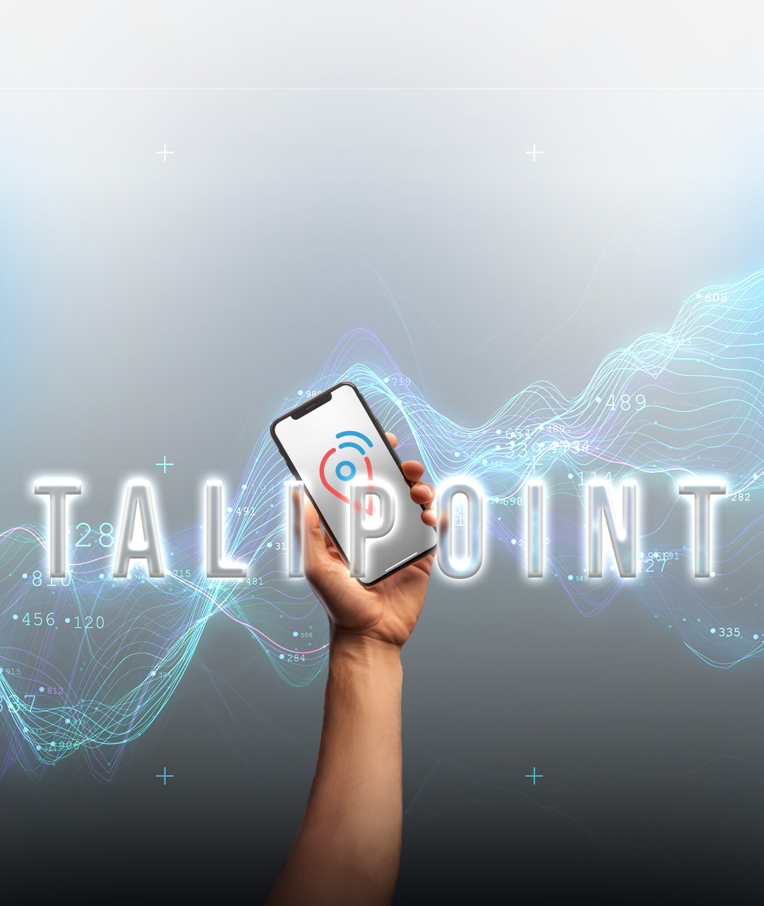 A smartphone held in front of "Talipoint" with various data handling illustrations in the background.
