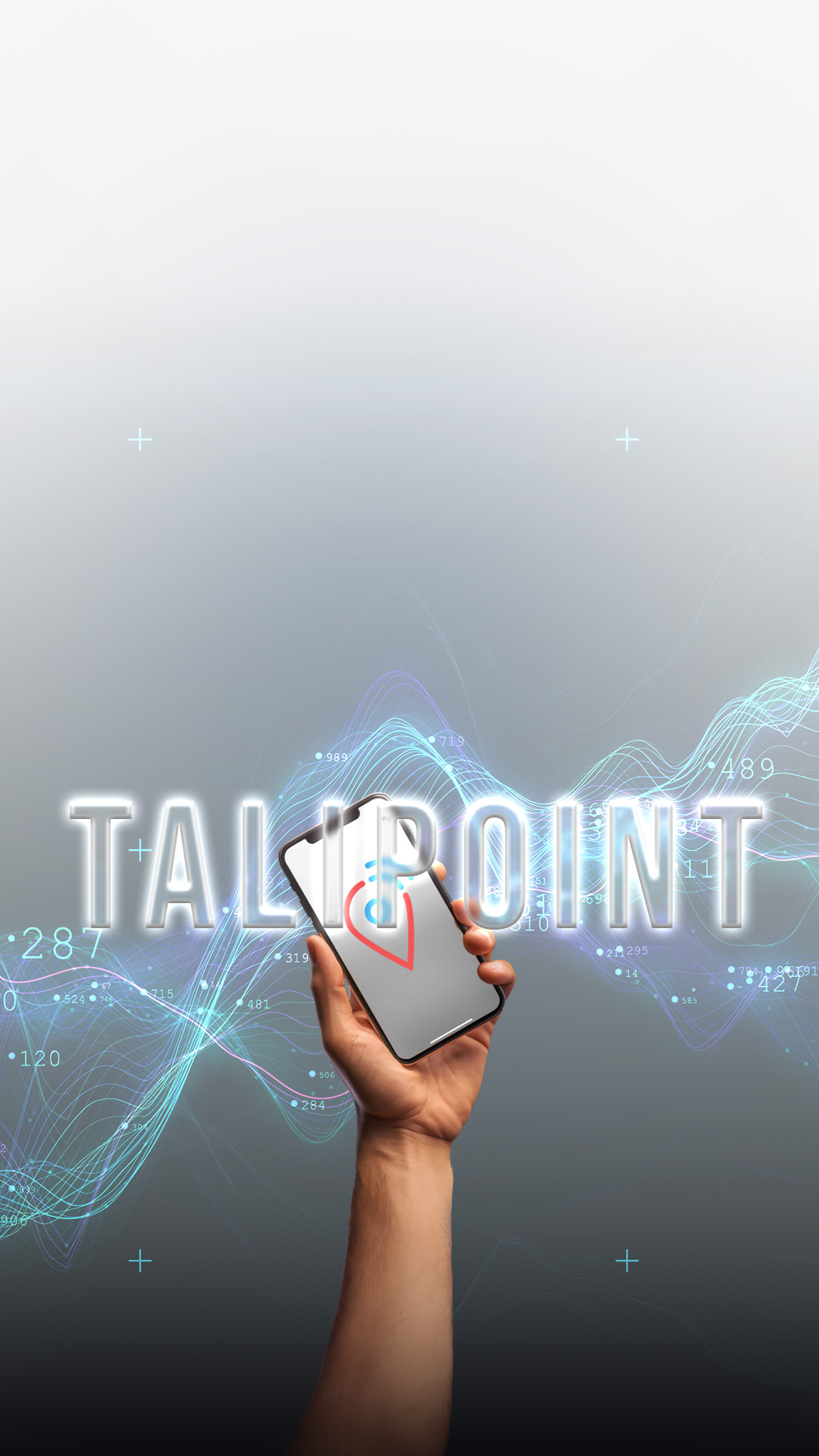 A smartphone held in front of "Talipoint" with various data handling illustrations in the background.