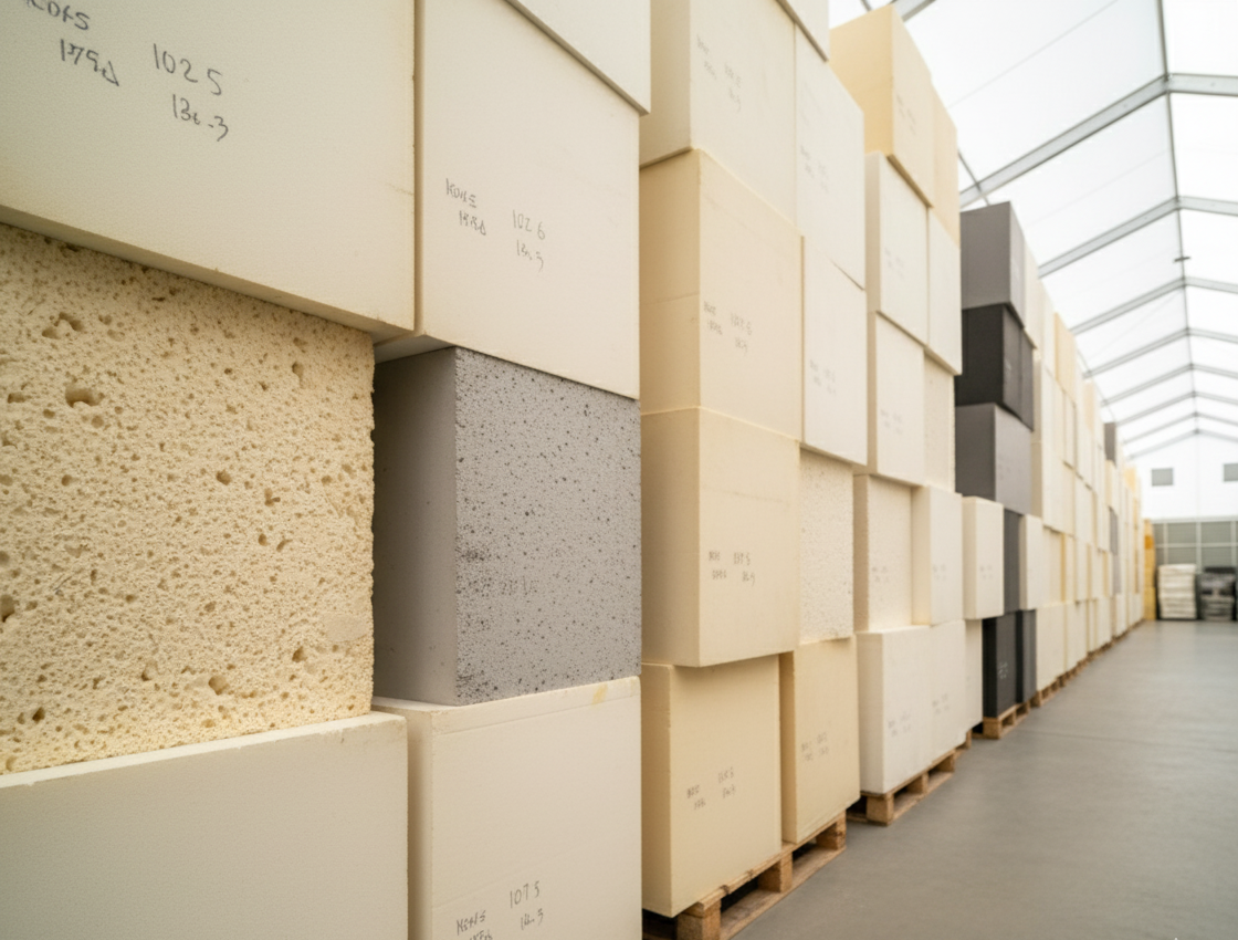 Rows of stacked large foam blocks in various colors stored on pallets inside a warehouse with a high ceiling.