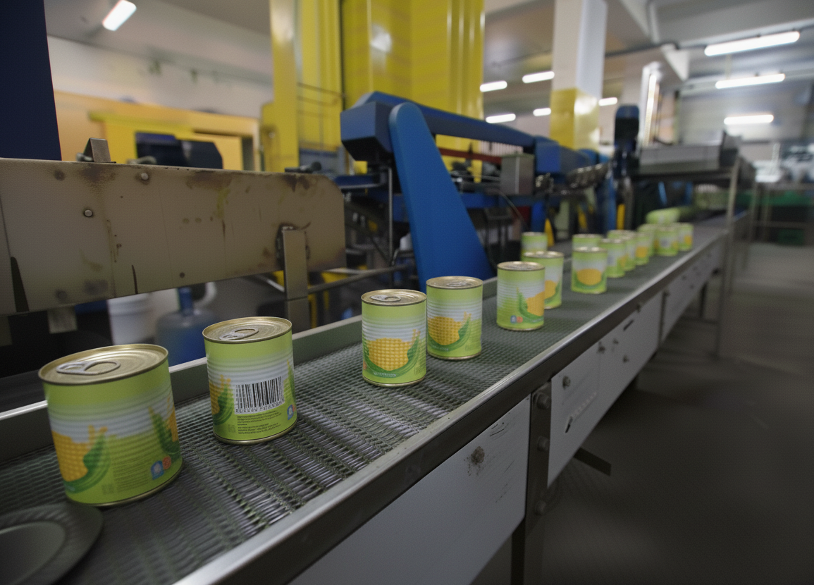 Line of cans with corn moving on a conveyor belt inside a factory.