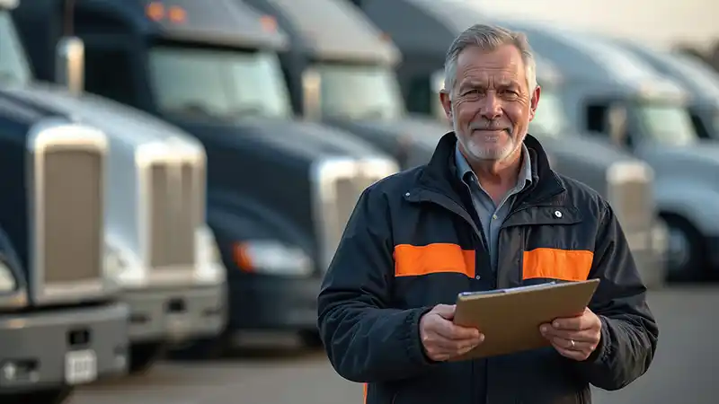 Manager holding clipboard standing in front of fleet of truck