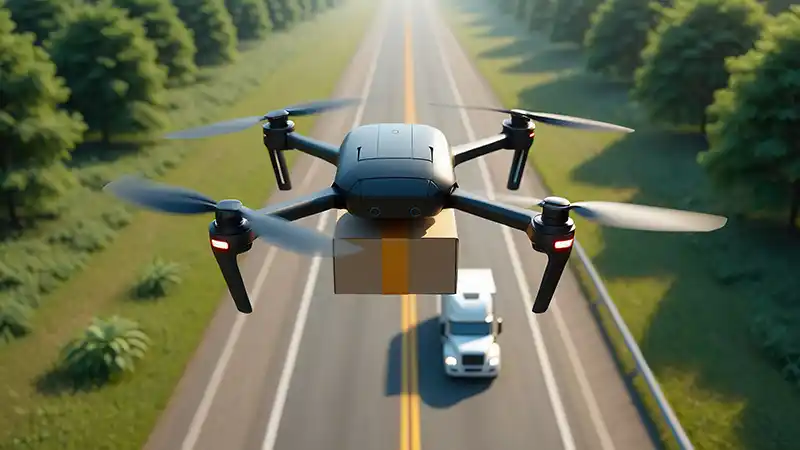 Delivery truck with drone flying a package overhead