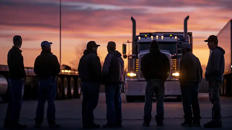 Group of truck drivers standing in front of semi truck at dusk