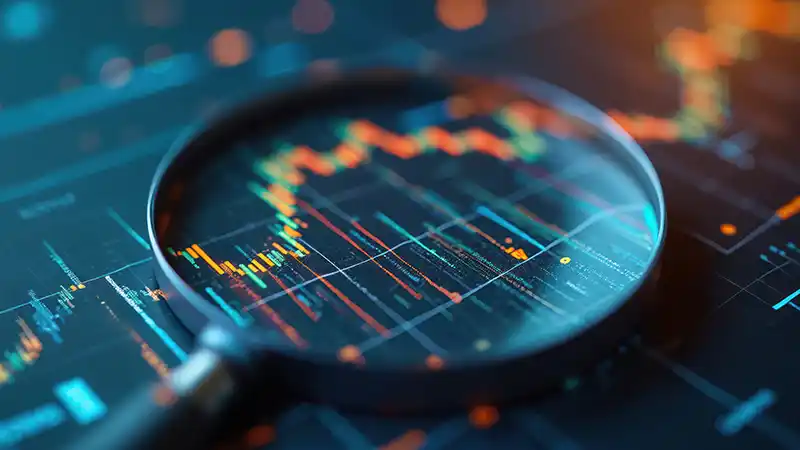 Magnifying glass sitting on market analysis graph