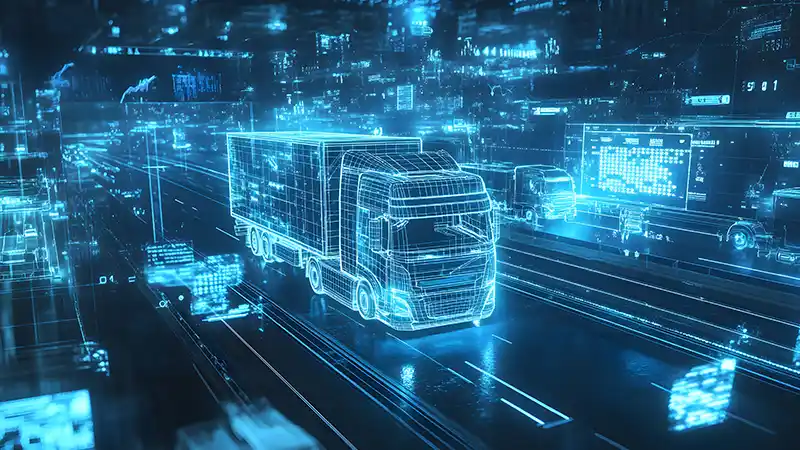 Futuristic truck on highway, data stream in background