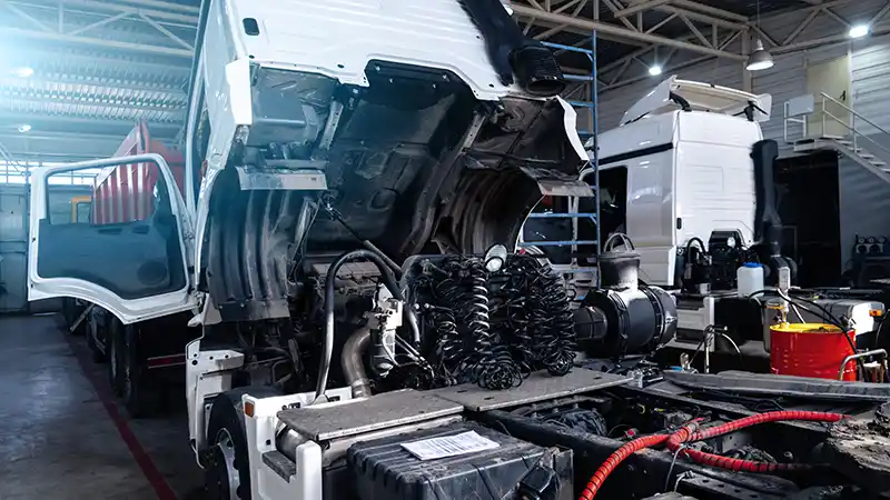 Semi truck in repair facility to work do on DEF aftertreatment system