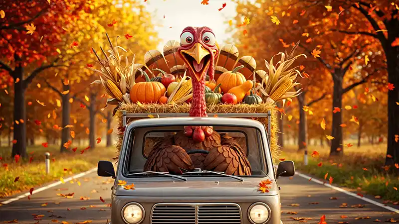Animated turkey driving a truck down a tree lined fall road.